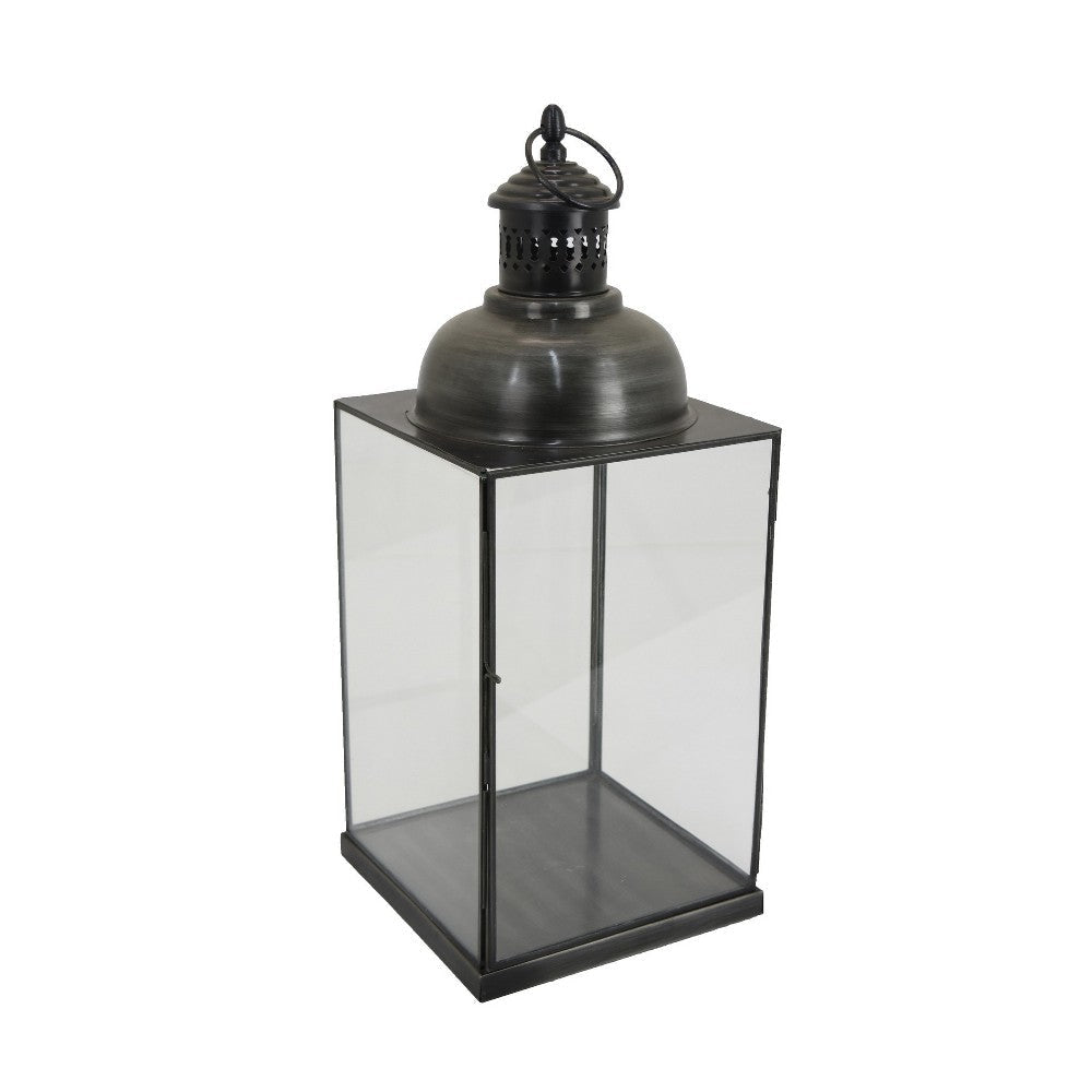 Laila Lantern, Black Metal Frame, Glass Panels, Square Base, 18" Tall