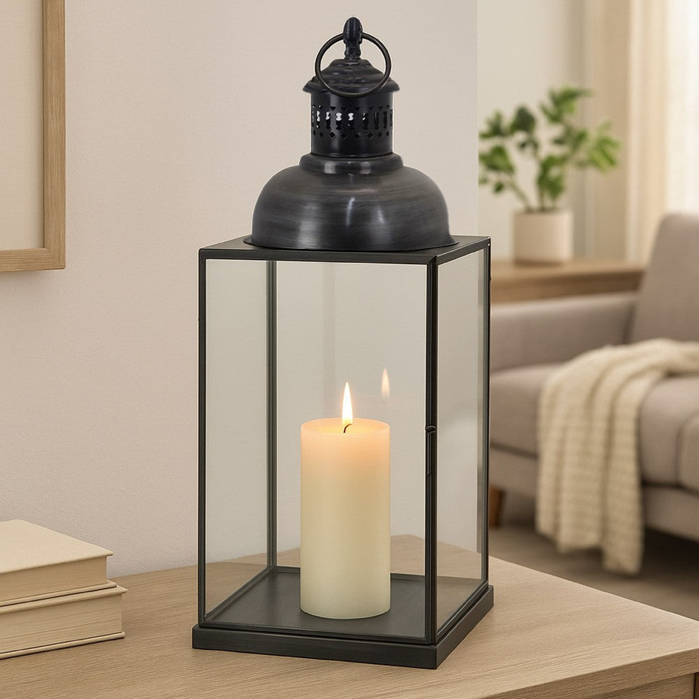 Laila Lantern, Black Metal Frame, Glass Panels, Square Base, 18" Tall