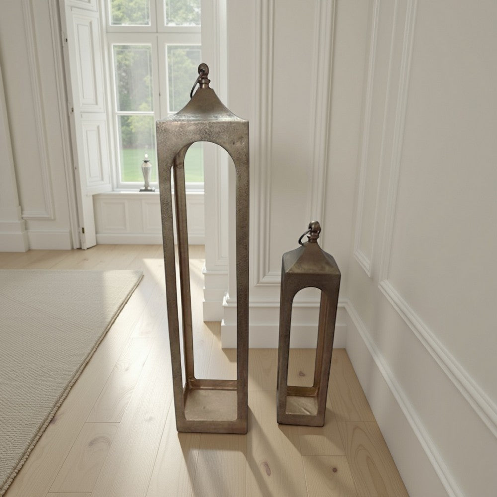 Akira Tabletop Candle Holder Lantern Set of 2, Gold Metal, Top Hook