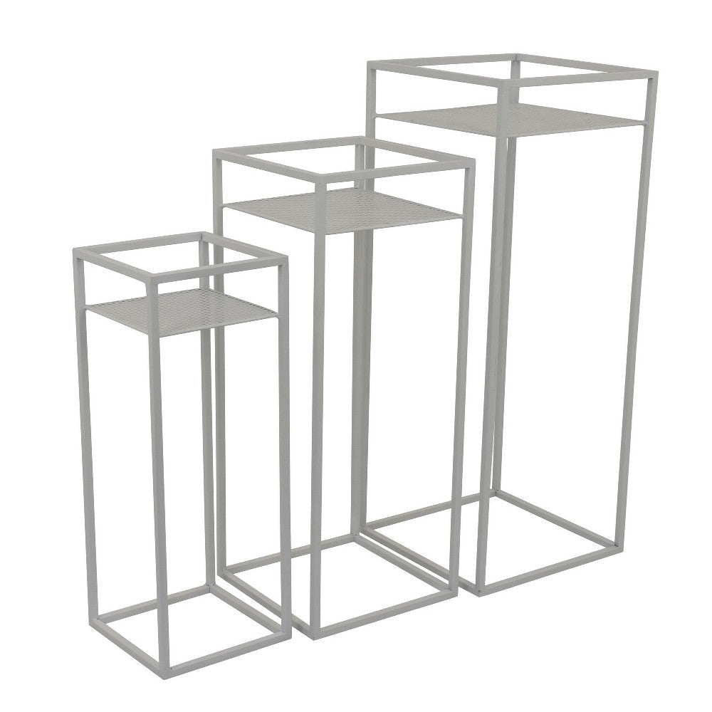 Sano Plant Stand Table Set of 3, Mesh Pattern, White Metal, Square