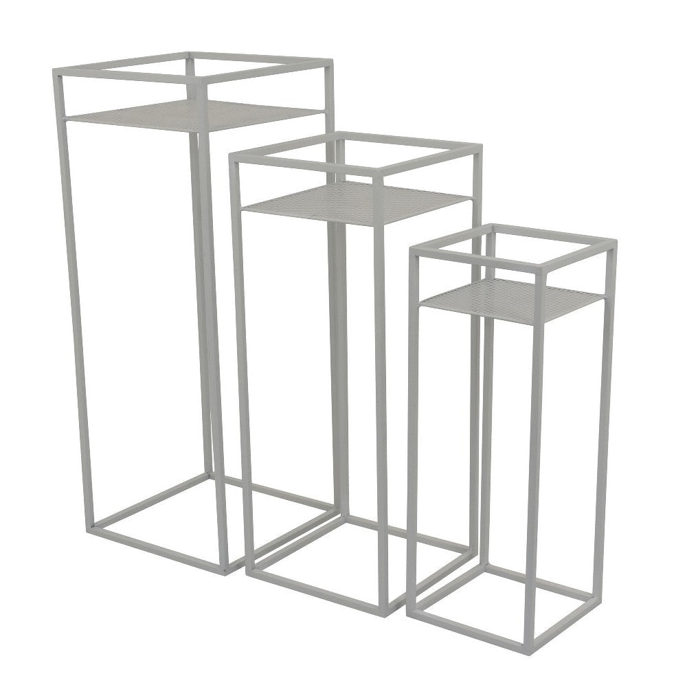 Sano Plant Stand Table Set of 3 Mesh Pattern White Metal Square BM324629