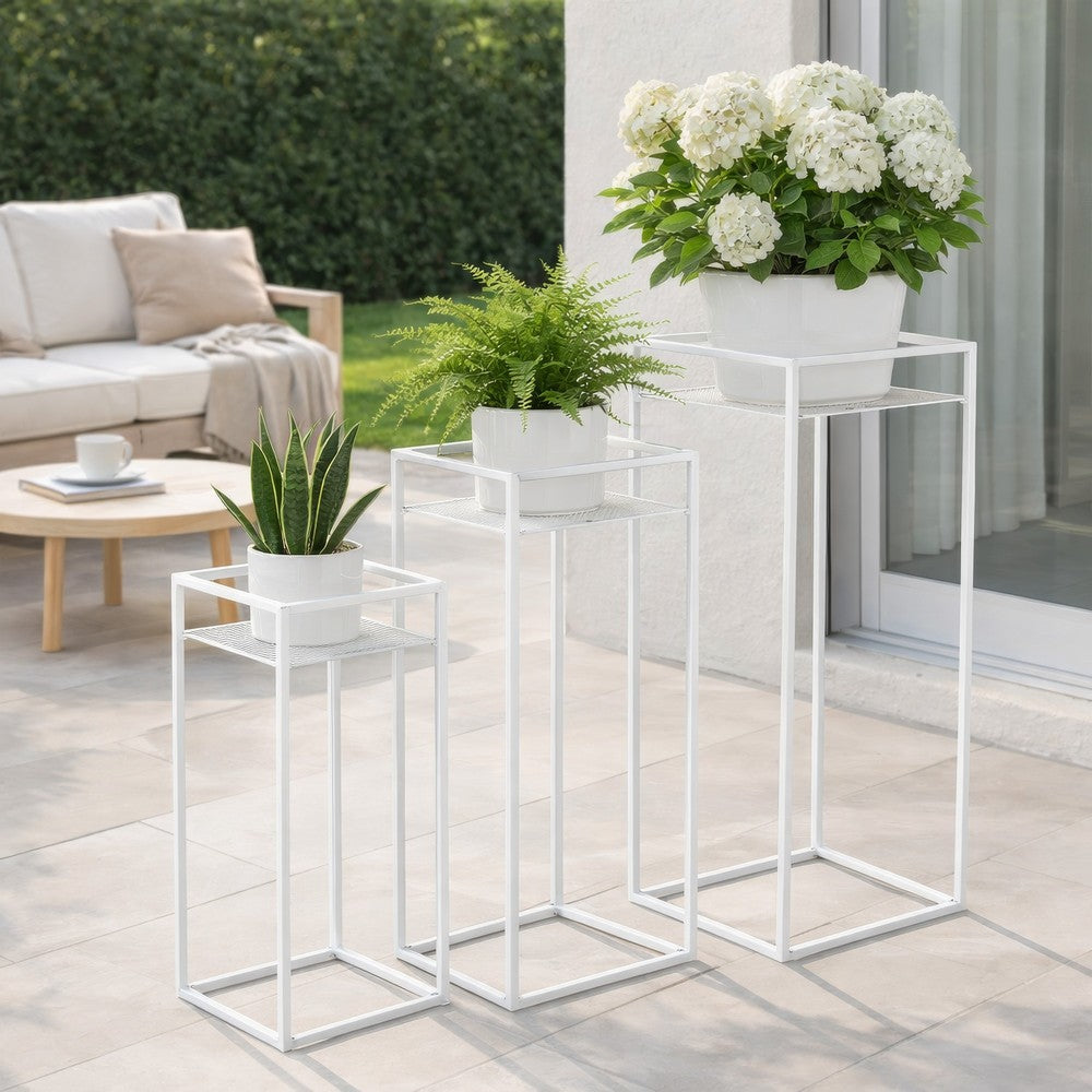 Sano Plant Stand Table Set of 3, Mesh Pattern, White Metal, Square