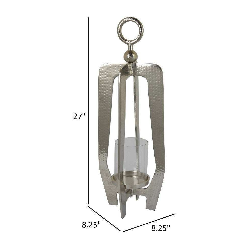 Brie Candle Holder Lantern 27’’ Silver Metal Frame Glass Shade BM324636