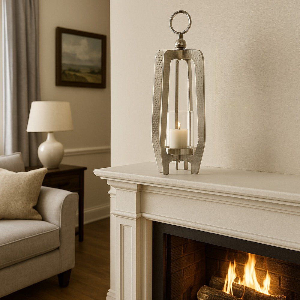 Brie Candle Holder Lantern, 23", Silver Metal Frame, Glass Shade