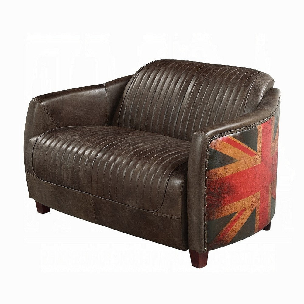 Bran Loveseat 50’’ Union Jack Flag Brown and Gray Top Grain Leather BM324661