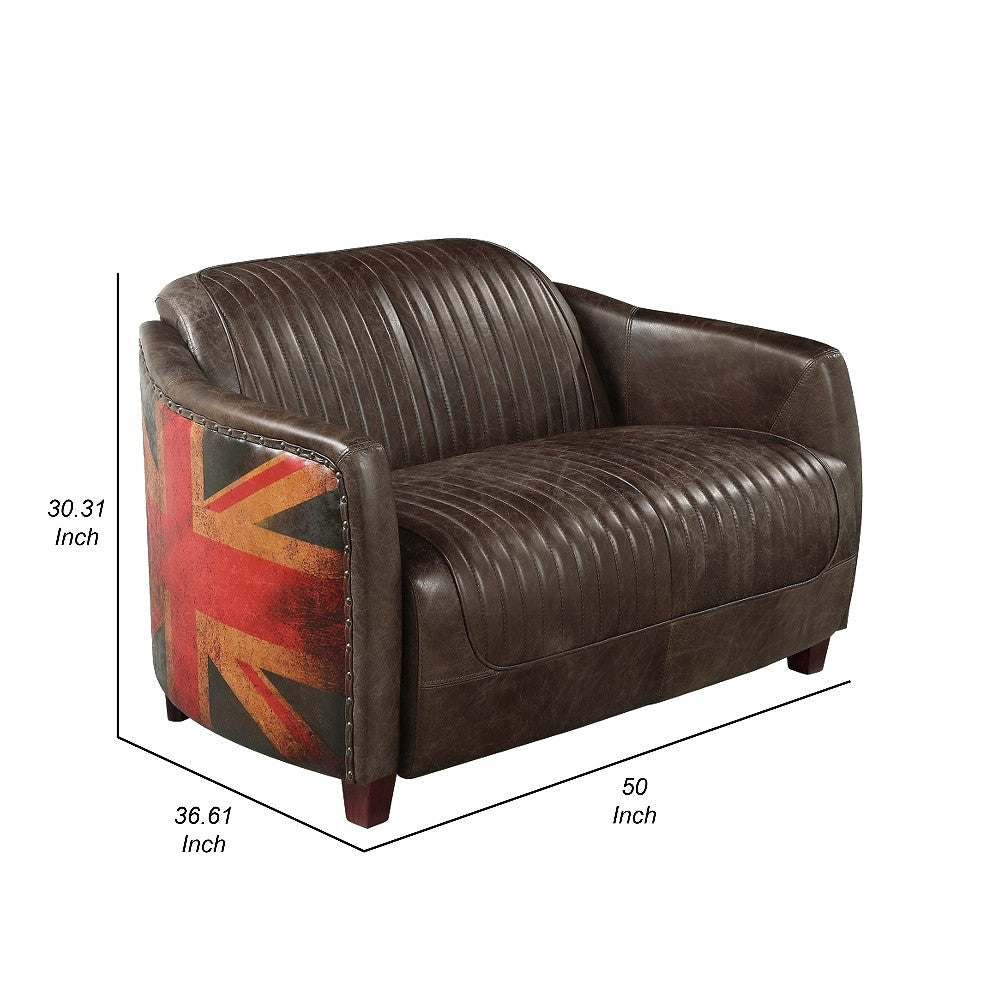 Bran Loveseat 50’’ Union Jack Flag Brown and Gray Top Grain Leather BM324661