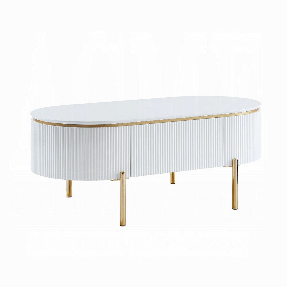 Tyce Oval Coffee Table with Drawer, 47 Inch, Glossy White, Gold Metal
