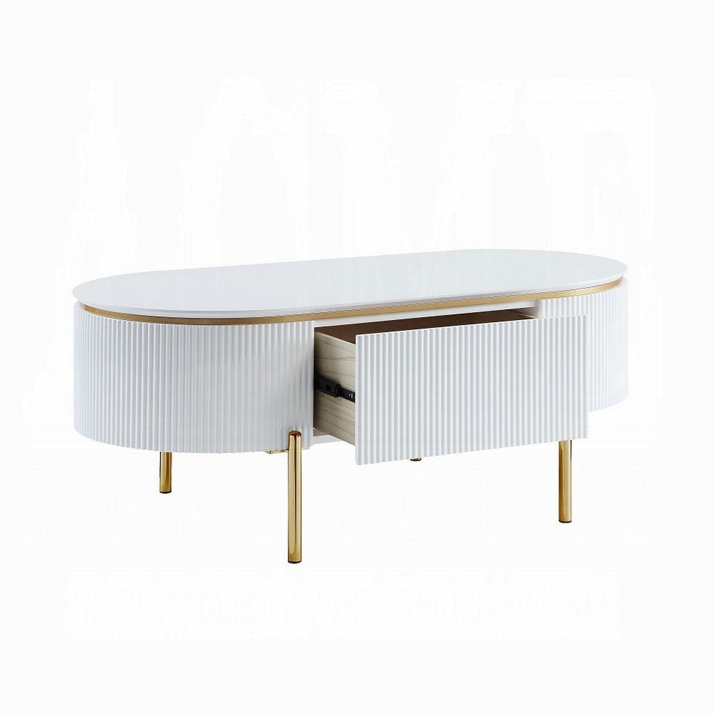 Tyce Oval Coffee Table with Drawer 47 Inch Glossy White Gold Metal BM324667