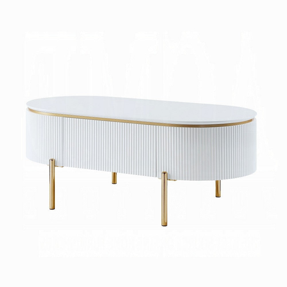 Tyce Oval Coffee Table with Drawer 47 Inch Glossy White Gold Metal BM324667