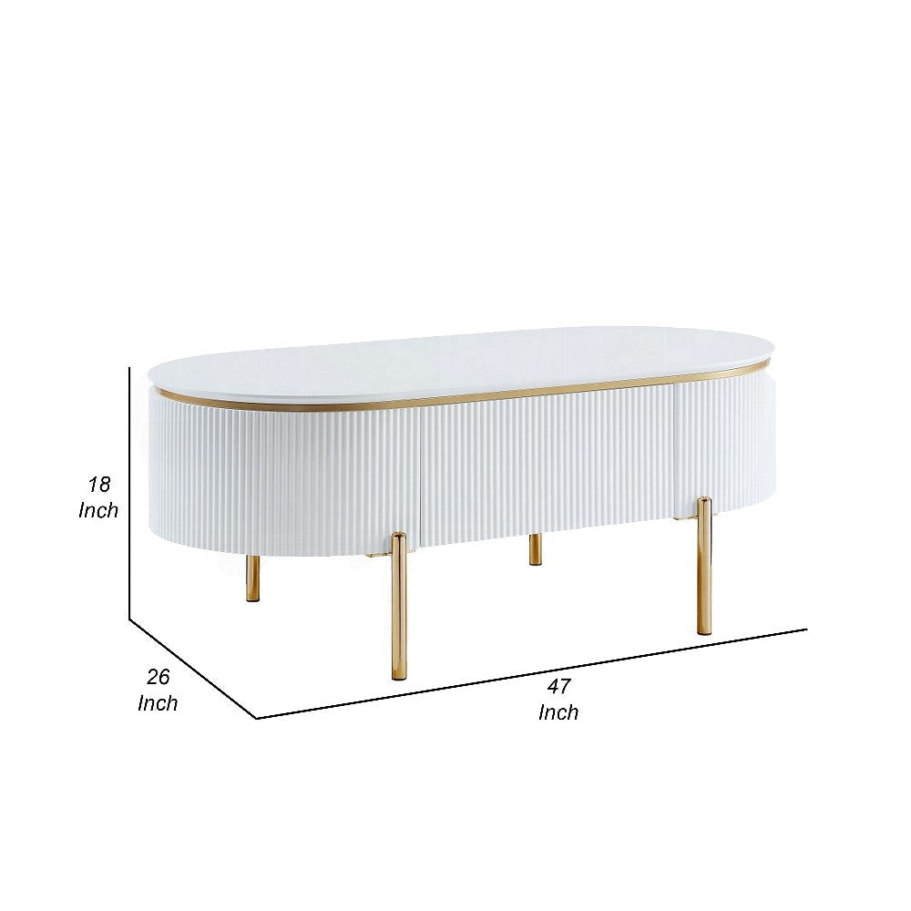Tyce Oval Coffee Table with Drawer 47 Inch Glossy White Gold Metal BM324667