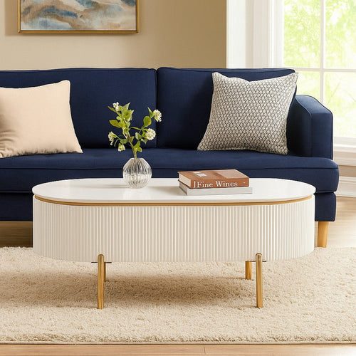 Tyce Oval Coffee Table with Drawer, 47 Inch, Glossy White, Gold Metal