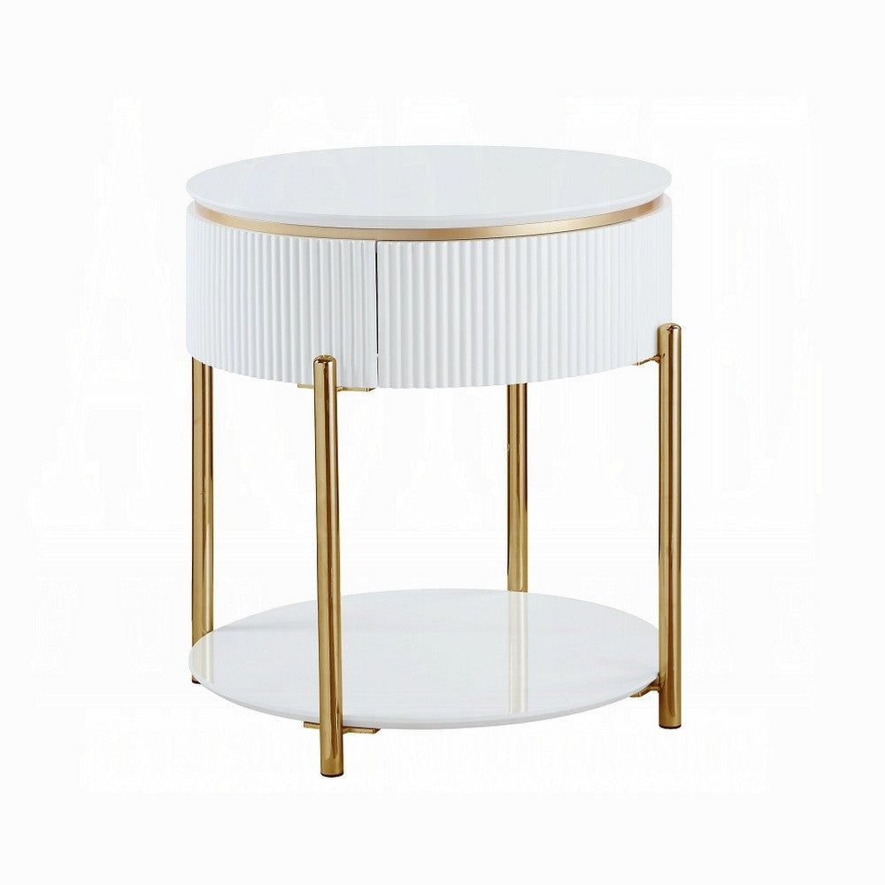 Tyce Side End Table with Drawer 22 Inch Glossy White Gold Metal BM324668