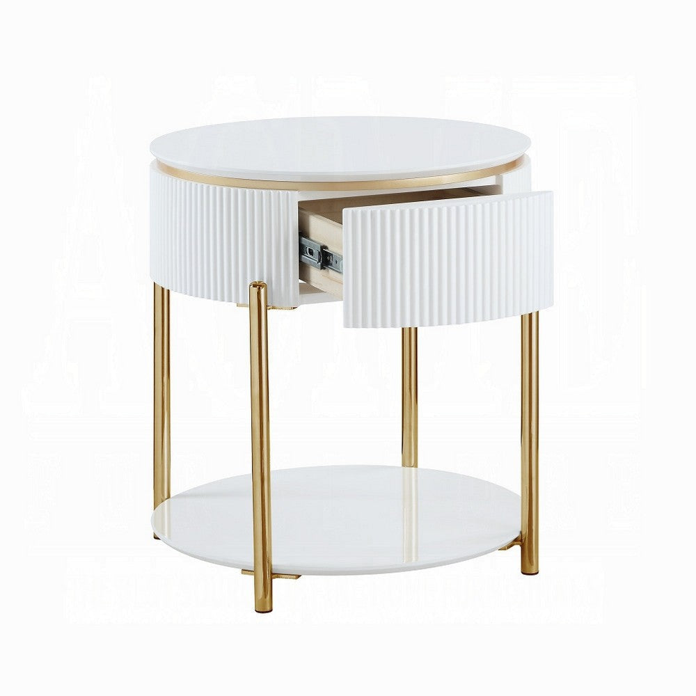 Tyce Side End Table with Drawer 22 Inch Glossy White Gold Metal BM324668