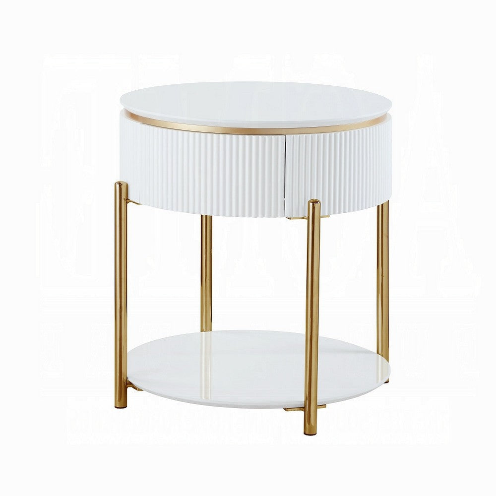 Tyce Side End Table with Drawer 22 Inch Glossy White Gold Metal BM324668