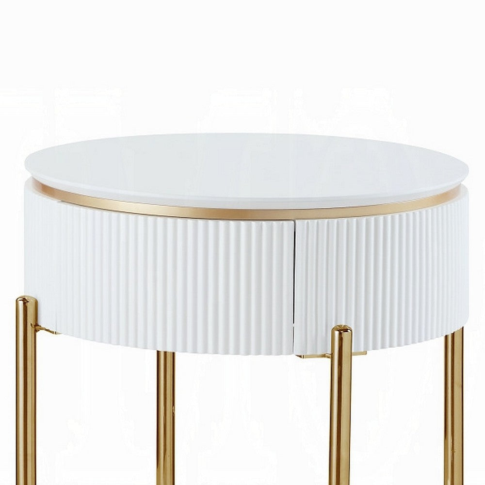 Tyce Side End Table with Drawer 22 Inch Glossy White Gold Metal BM324668
