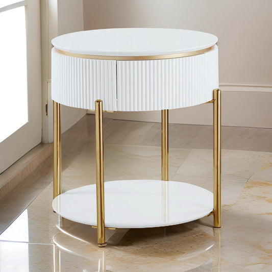 Tyce Side End Table with Drawer, 22 Inch Glossy White, Gold Metal