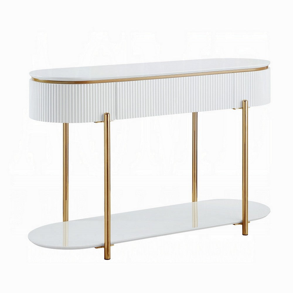 Tyce Sofa Table with Drawer Shelf 47 Inch Glossy White Gold Metal BM324669