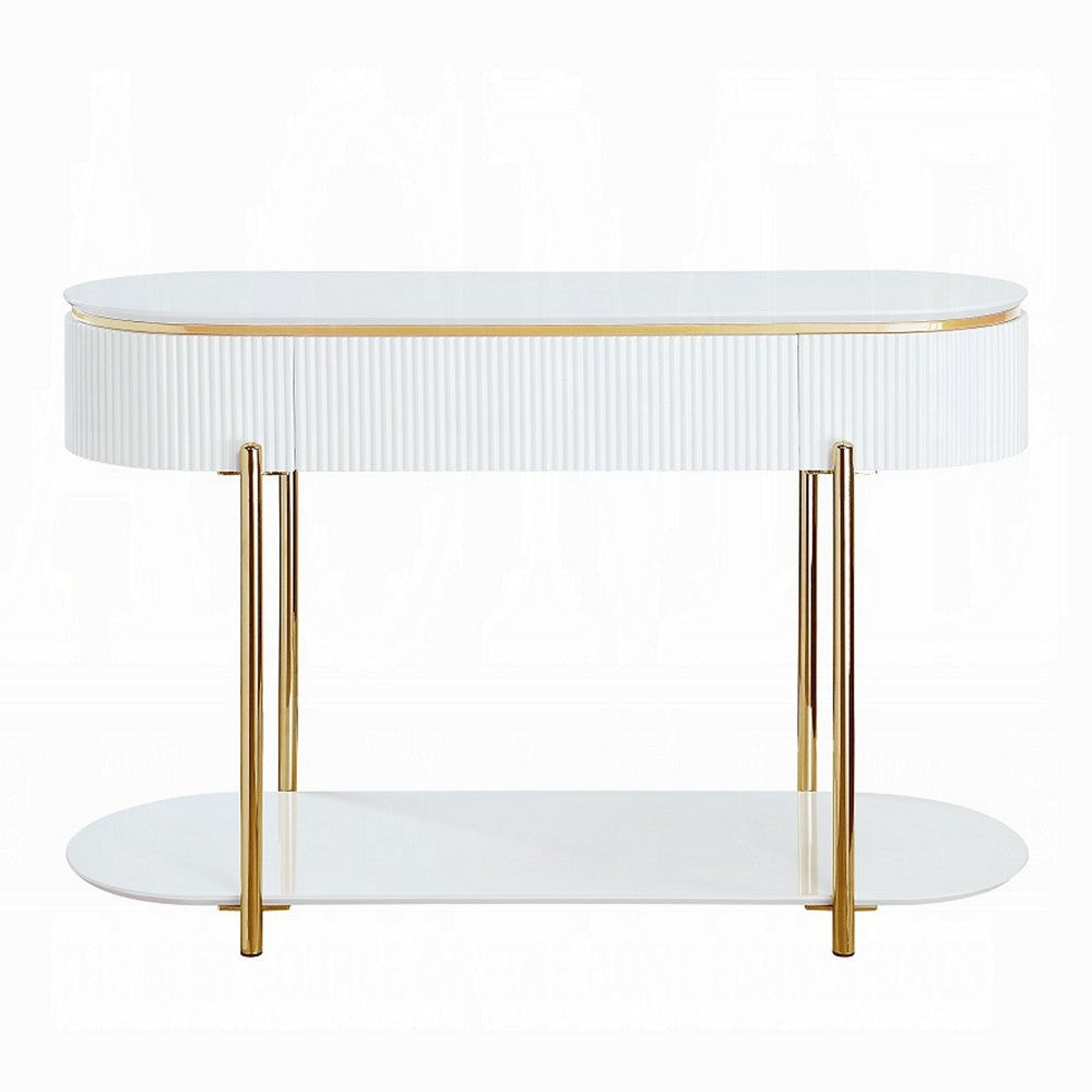Tyce Sofa Table with Drawer Shelf 47 Inch Glossy White Gold Metal BM324669