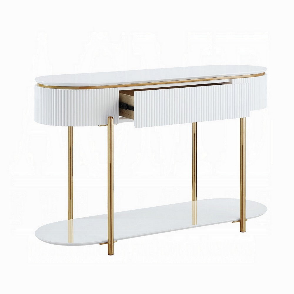 Tyce Sofa Table with Drawer Shelf 47 Inch Glossy White Gold Metal BM324669