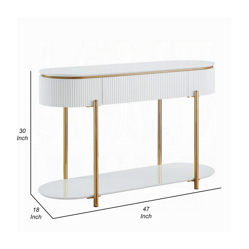 Tyce Sofa Table with Drawer Shelf 47 Inch Glossy White Gold Metal BM324669
