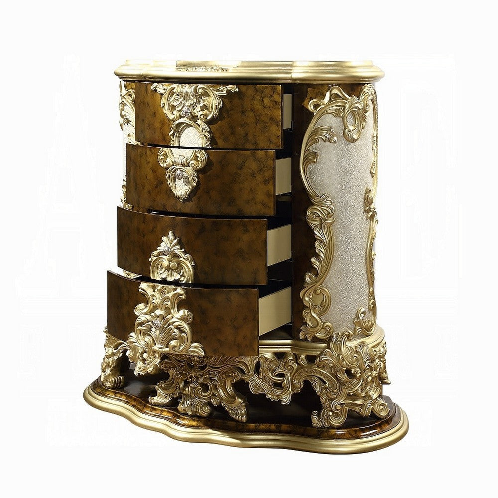 Mara Tall Dresser Chest 4 Drawer Gold Scrolled Details Brown Wood BM324670