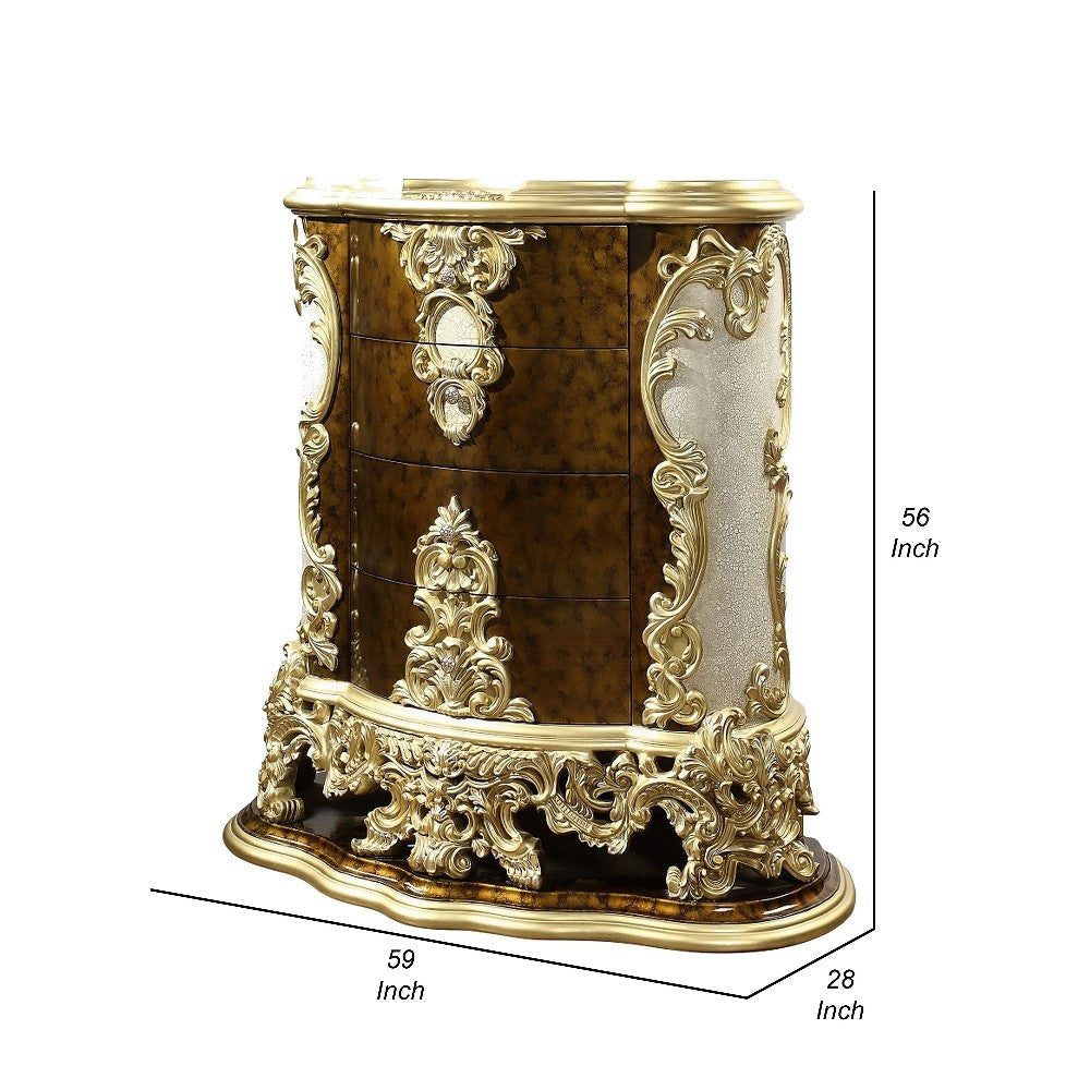 Mara Tall Dresser Chest 4 Drawer Gold Scrolled Details Brown Wood BM324670