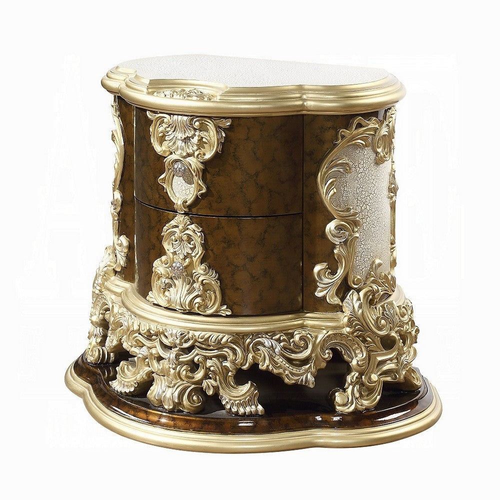 Mara Nightstand, 2 Drawers, 39" Brown Wood and Classic Gold Scrollwork