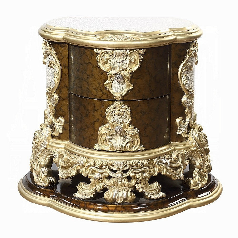 Mara Nightstand 2 Drawers 39’’ Brown Wood and Classic Gold Scrollwork BM324672