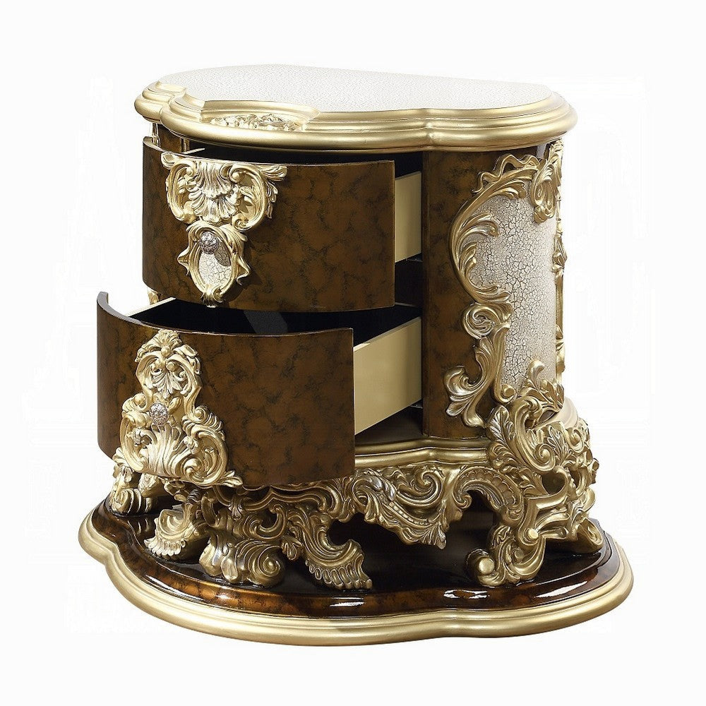 Mara Nightstand 2 Drawers 39’’ Brown Wood and Classic Gold Scrollwork BM324672