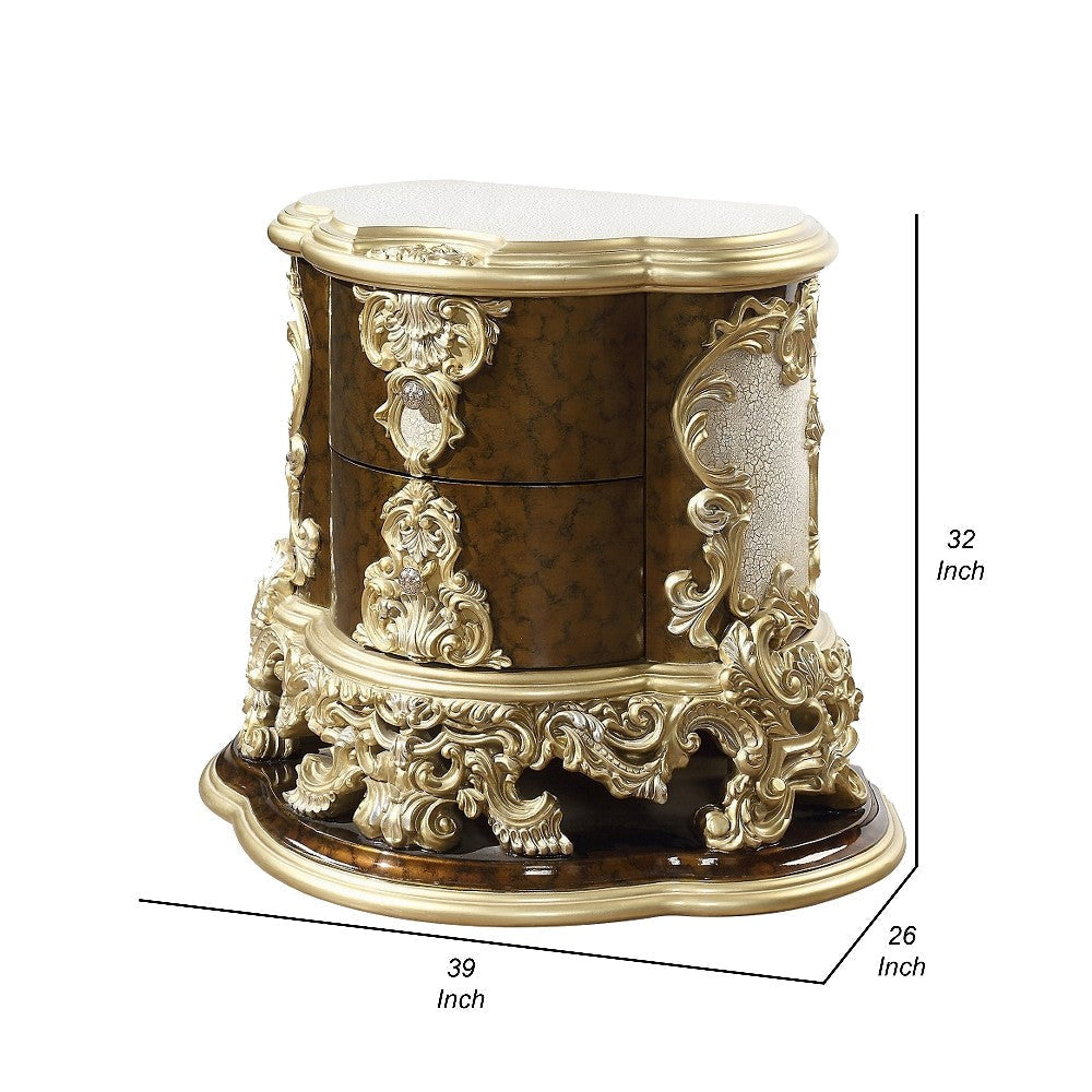 Mara Nightstand 2 Drawers 39’’ Brown Wood and Classic Gold Scrollwork BM324672