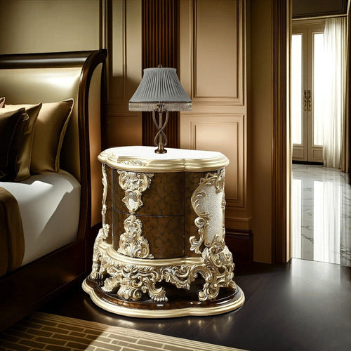 Mara Nightstand, 2 Drawers, 39" Brown Wood and Classic Gold Scrollwork