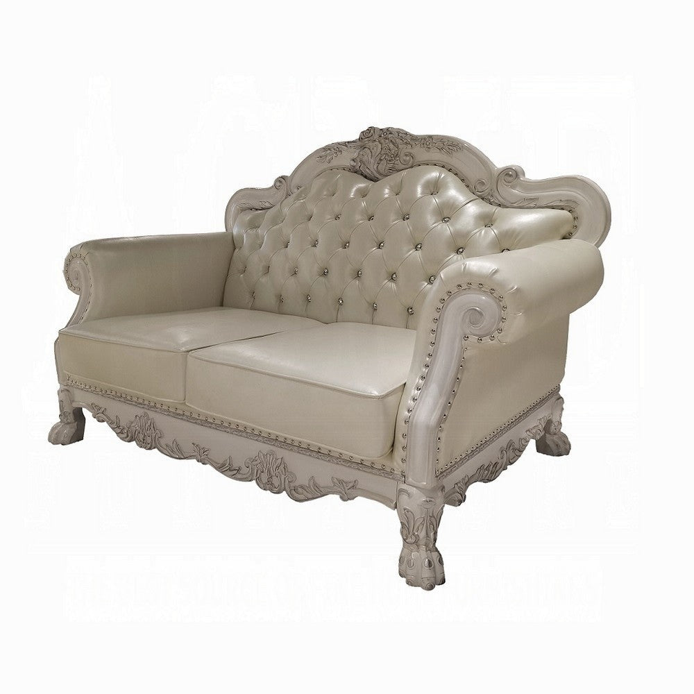 Ally Loveseat with 3 Pillows, 64" Wood, Vintage White Faux Leather