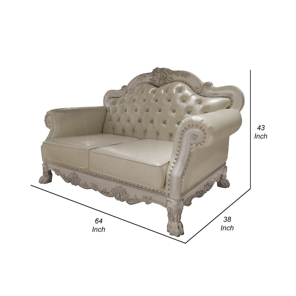 Ally Loveseat with 3 Pillows 64’’ Wood Vintage White Faux Leather BM324676