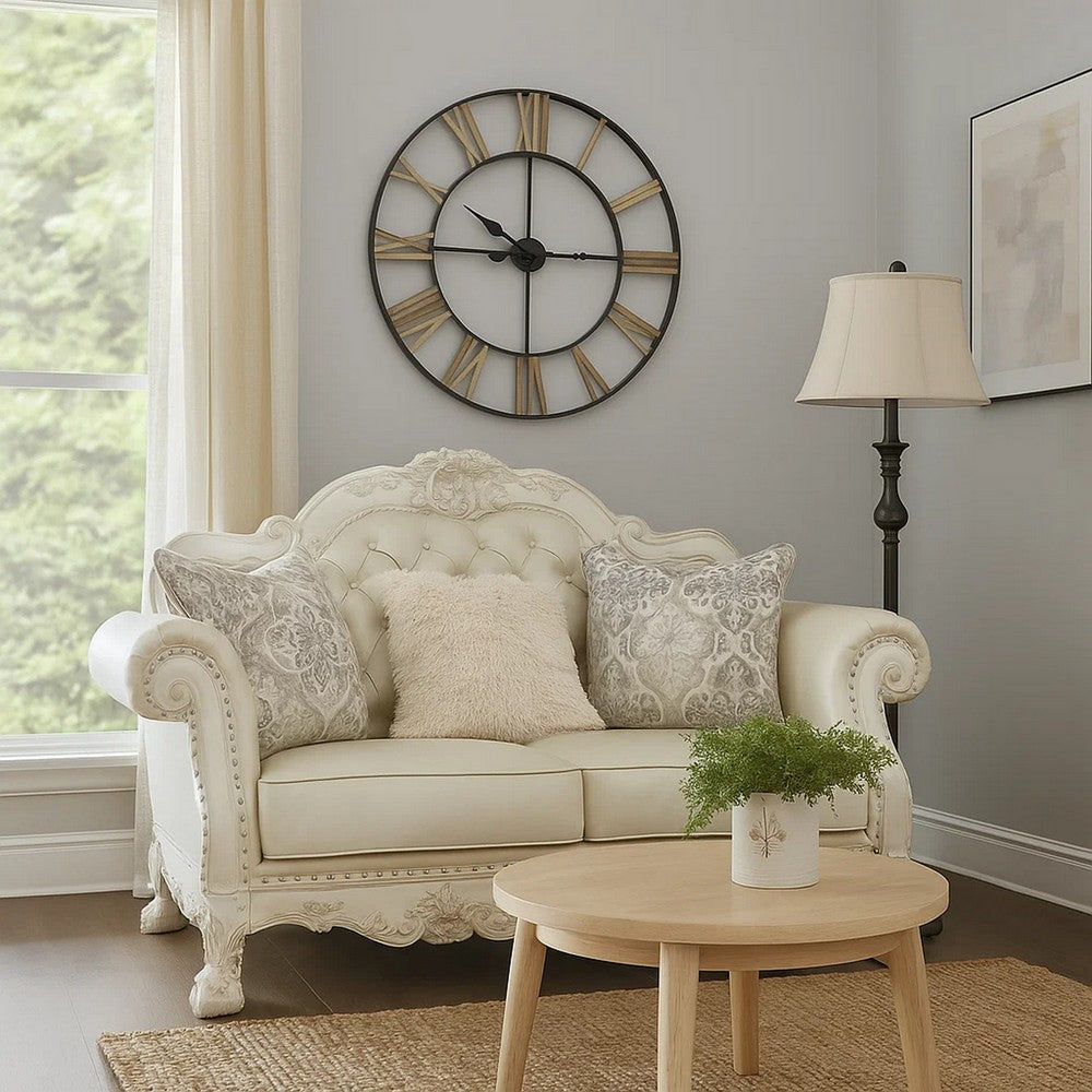 Ally Loveseat with 3 Pillows, 64" Wood, Vintage White Faux Leather