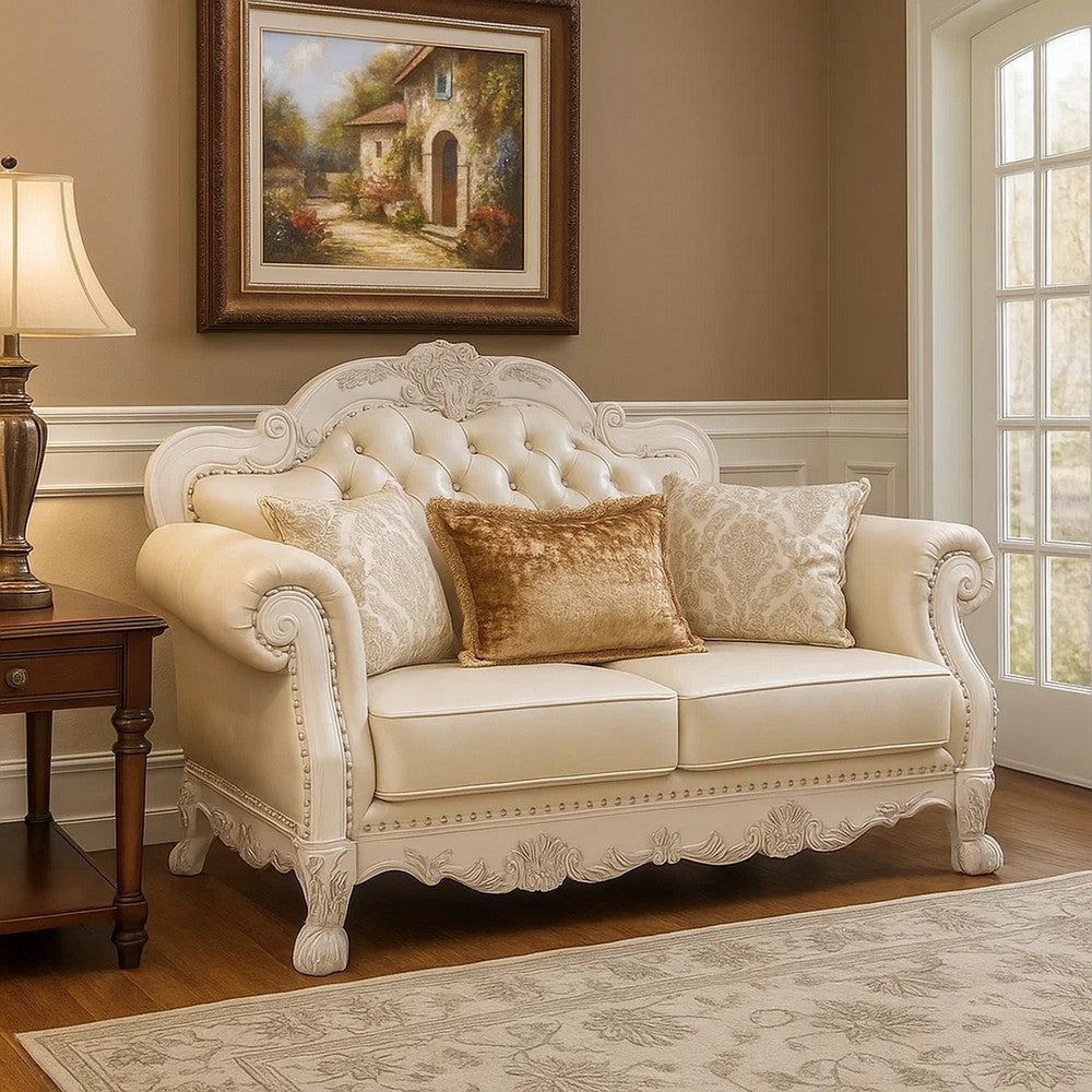 Ally Loveseat with 3 Pillows, 64" Wood, Vintage White Faux Leather