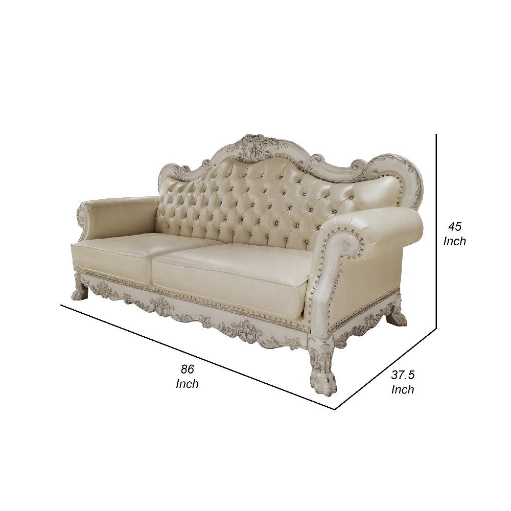 Ally Sofa 4 Pillows 86’’ Wood Claw Feet Vintage White Faux Leather BM324677