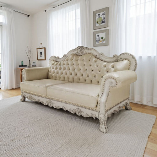 Ally Sofa, 4 Pillows, 86" Wood, Claw Feet, Vintage White Faux Leather