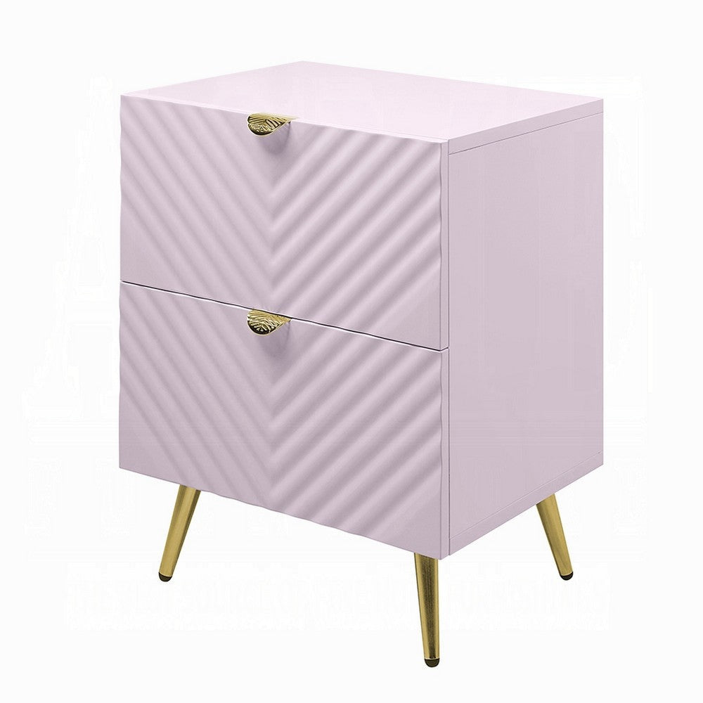 Tyra Nightstand, Geometric 2 Drawers, Gold Metal Legs, 25" Pink Wood