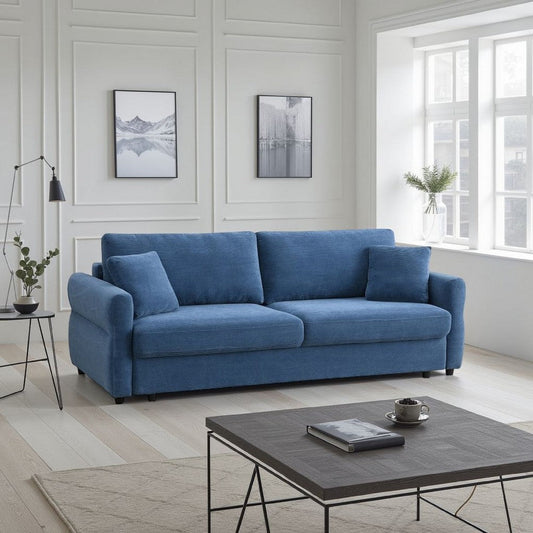 Sofa with Queen Size Pull Out Sleeper, 92" Wood Frame, Blue Fabric