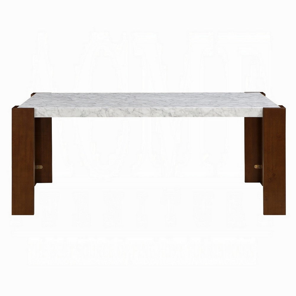Dining Table, 72 Inch White Rectangular Faux Marble Top, Brown Wood