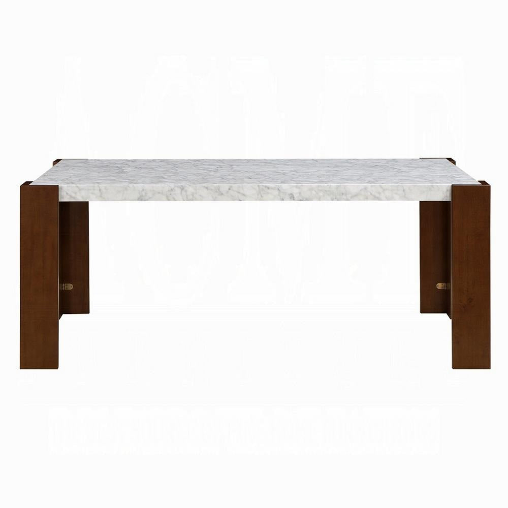 Dining Table 72 Inch White Rectangular Faux Marble Top Brown Wood BM324688
