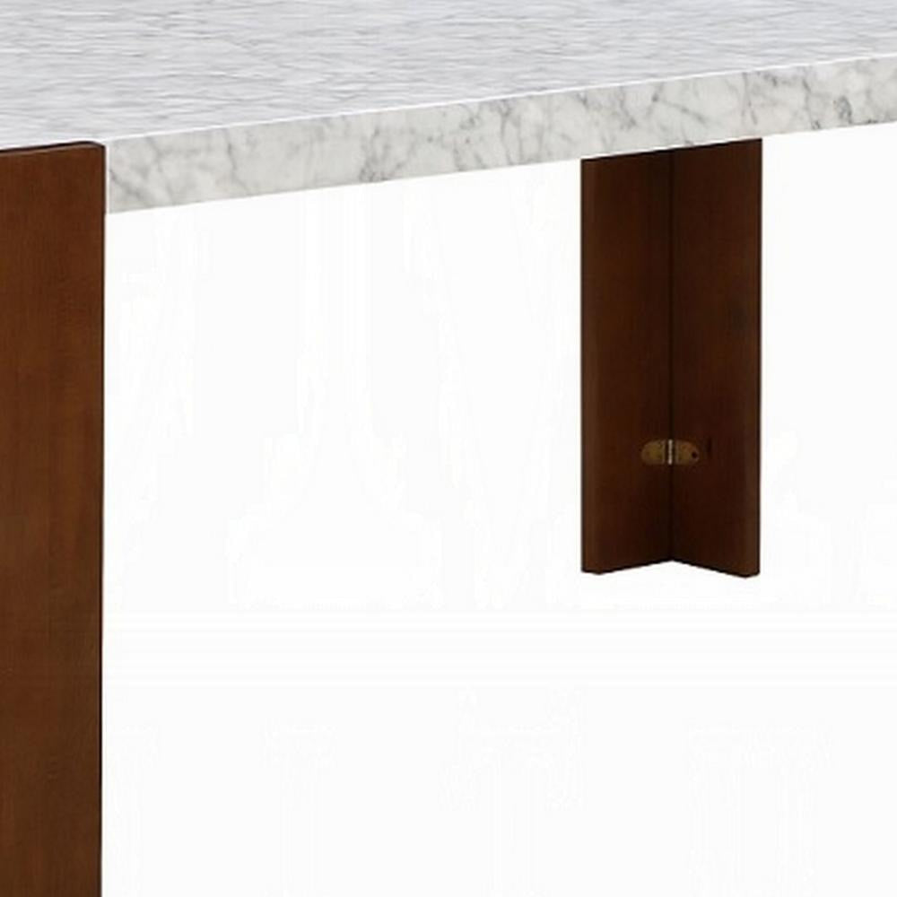 Dining Table 72 Inch White Rectangular Faux Marble Top Brown Wood BM324688