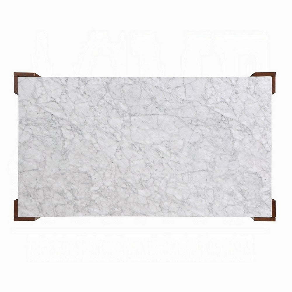 Dining Table, 72 Inch White Rectangular Faux Marble Top, Brown Wood