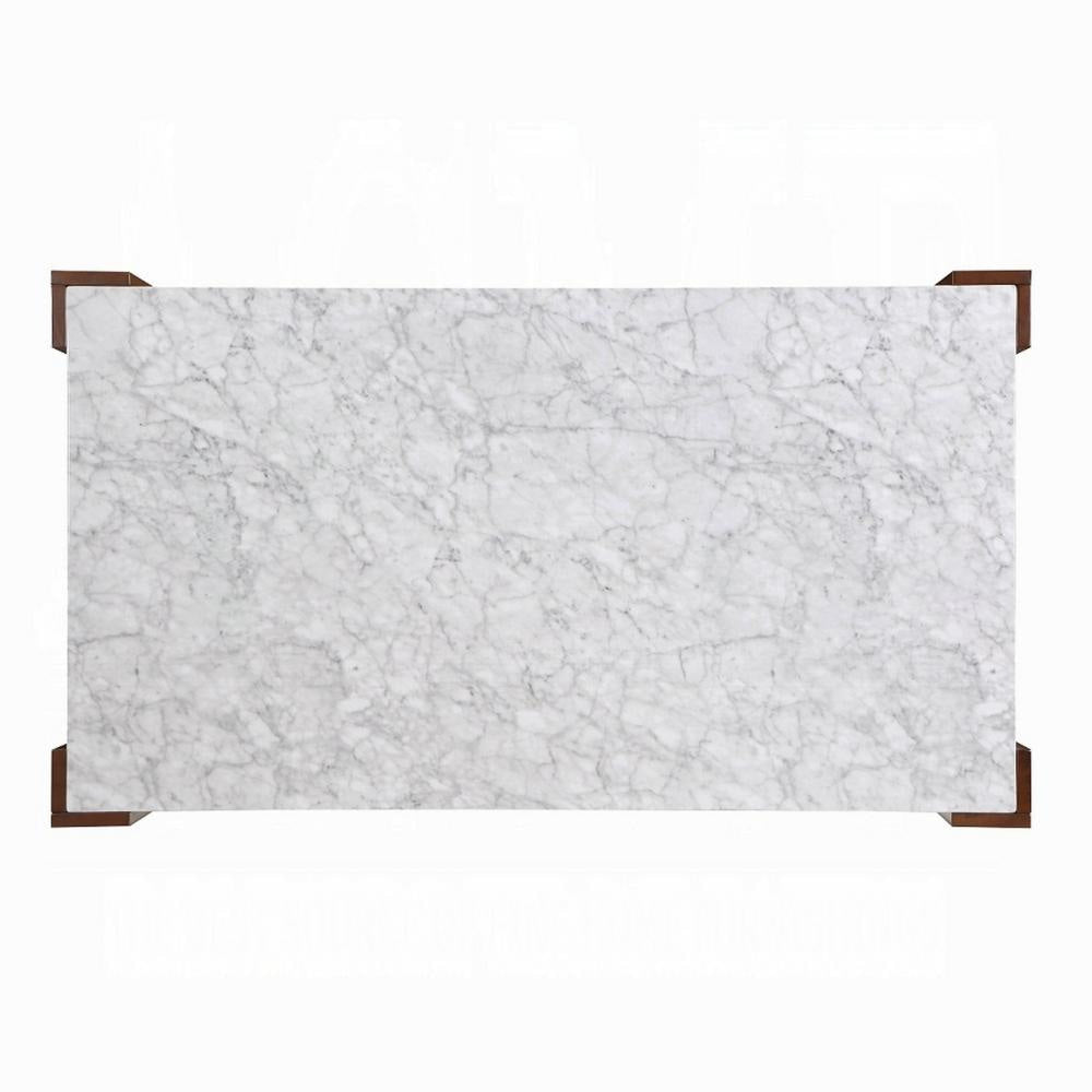 Dining Table 72 Inch White Rectangular Faux Marble Top Brown Wood BM324688