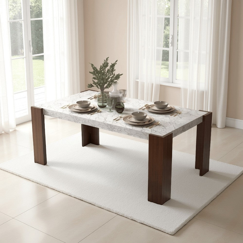 Dining Table, 72 Inch White Rectangular Faux Marble Top, Brown Wood