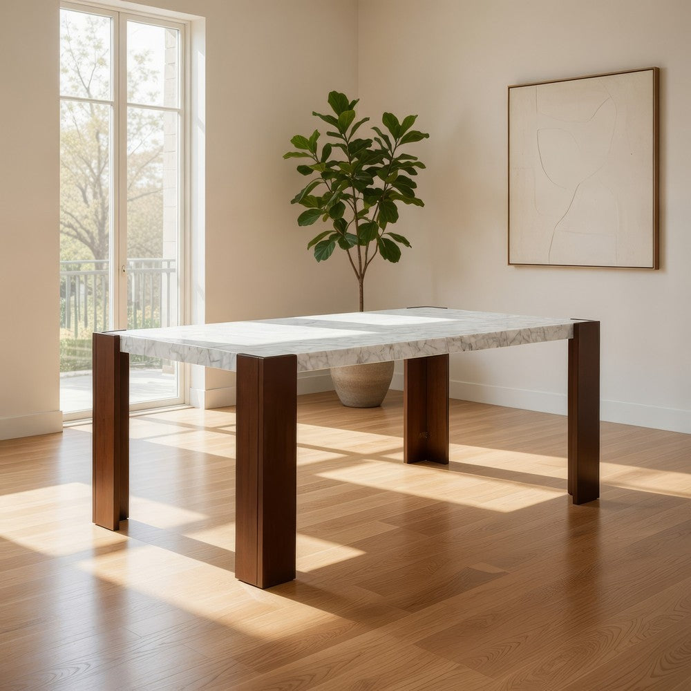 Dining Table, 72 Inch White Rectangular Faux Marble Top, Brown Wood
