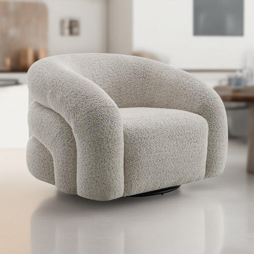 Swivel Accent Chair, Cloudlike Curved Design, Metal Base, Gray Boucle