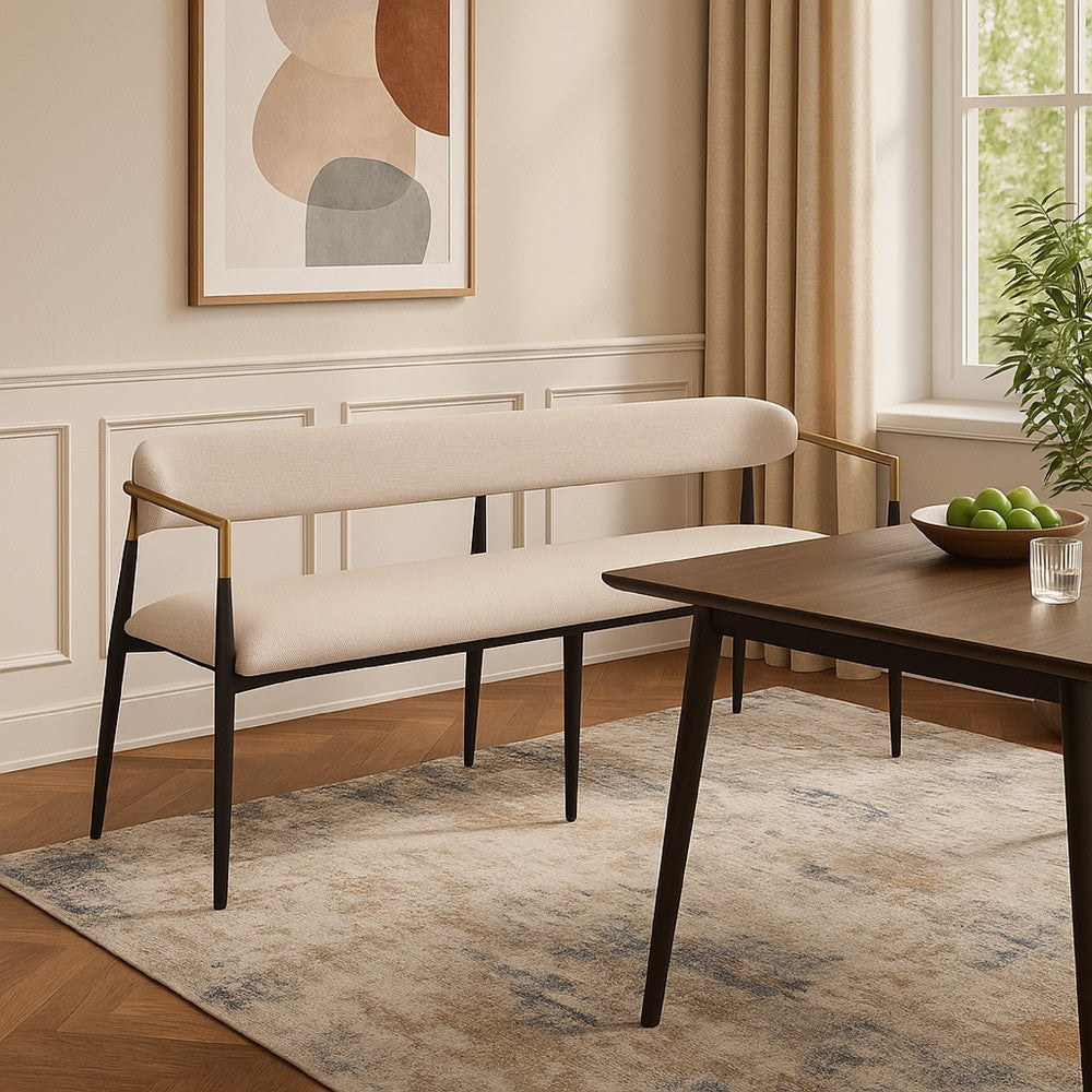 Vonn Dining Bench, Modern 62 Inch Black Metal Frame, Beige Fabric Back