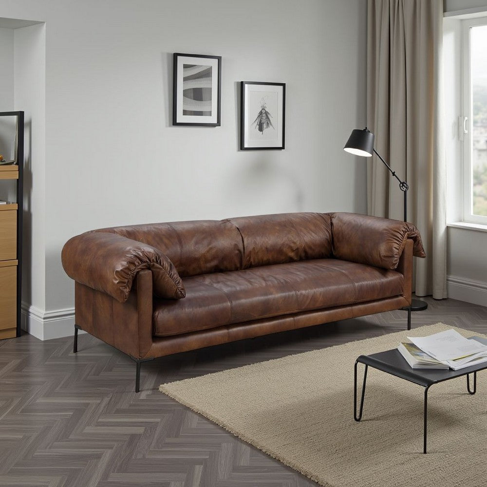 Sofa, Classic 96", Black Metal Legs, Mocha Brown Top Grain Leather