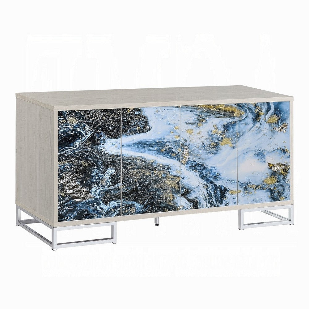 Sideboard Console Cabinet, 4 Door, 65 Inch Blue Marble Paint, White